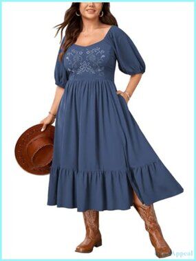 Plus Size Boho Midi Dress Short Sleeve Ruffle Split Floral Embroidered